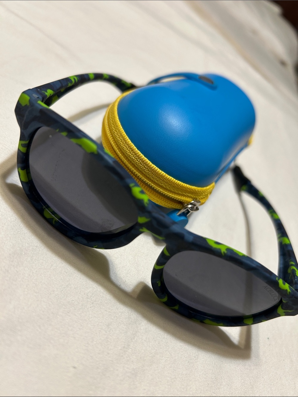 Kids Navy Frame Sunglasses with Lime Pattern and Blue Zip Case